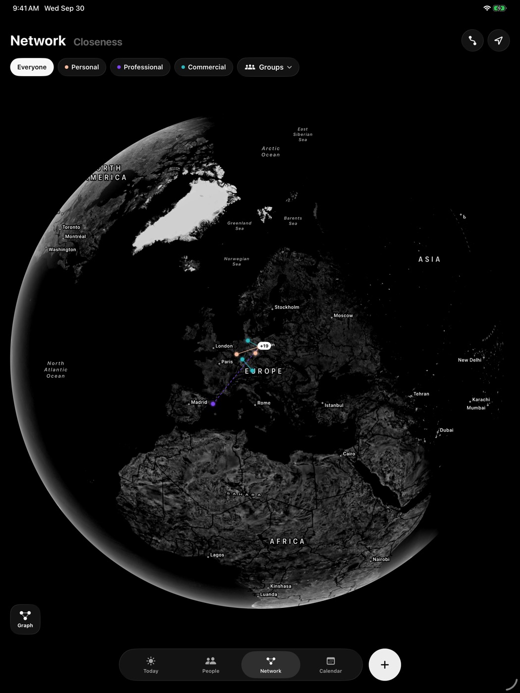 Ties on iPad: a globe with people and their connections